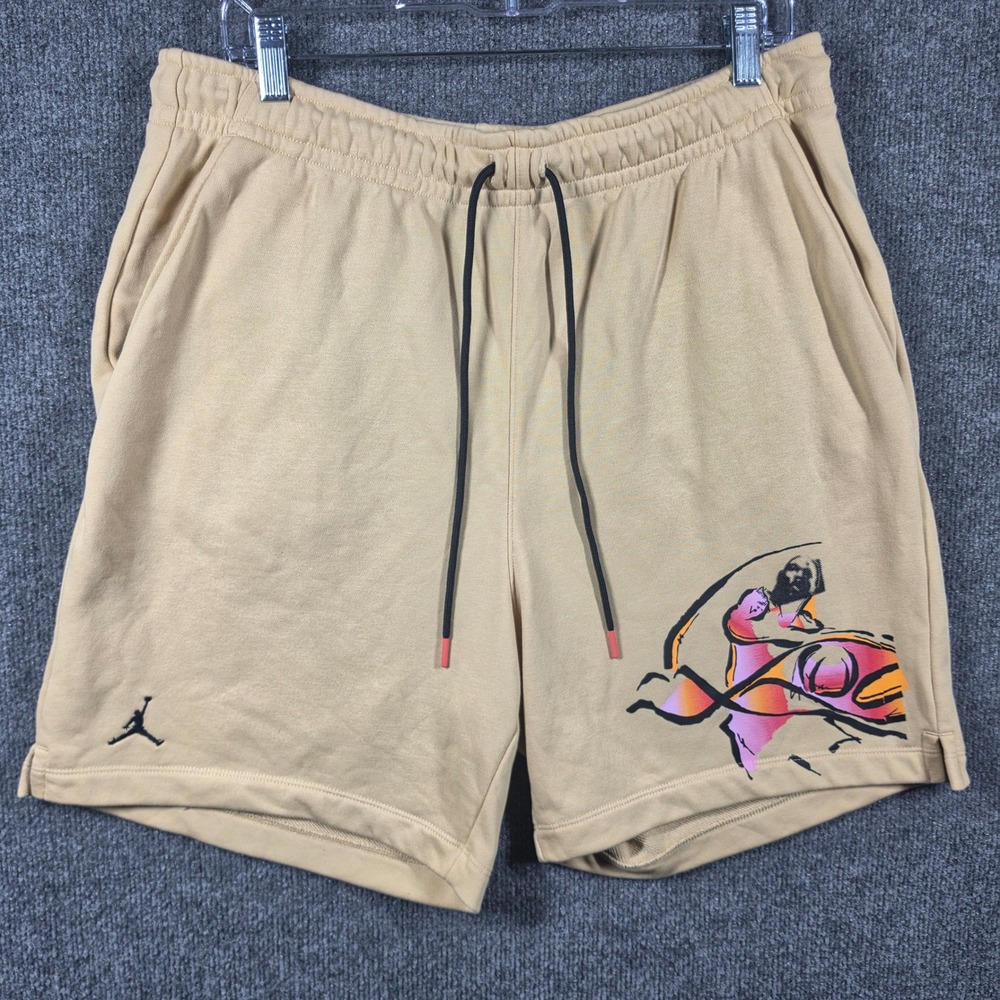 Jordan Basketball Shorts Mens Large Drawstrings Graphic Fleece Jumpman Tan